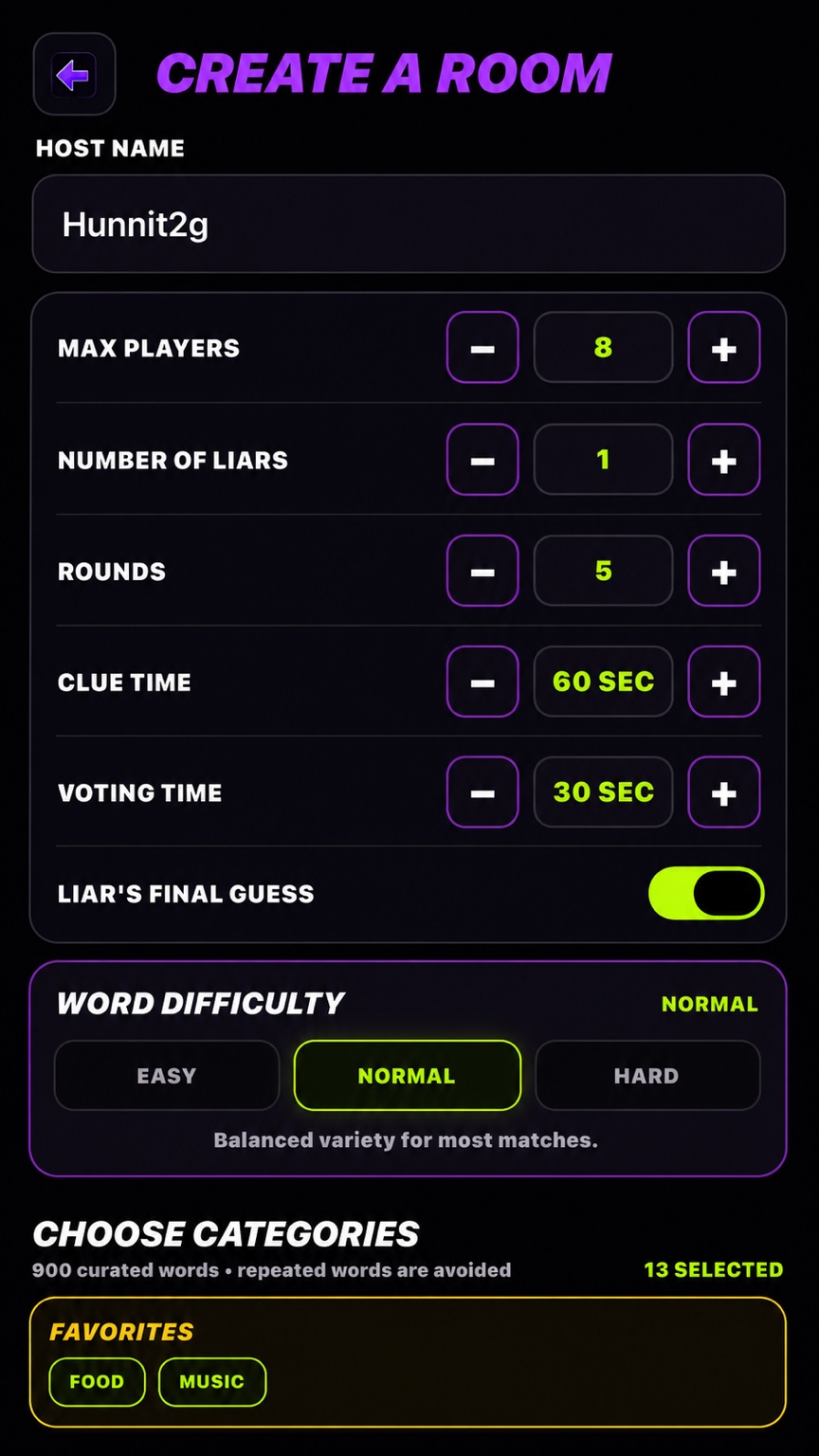 Create room screen