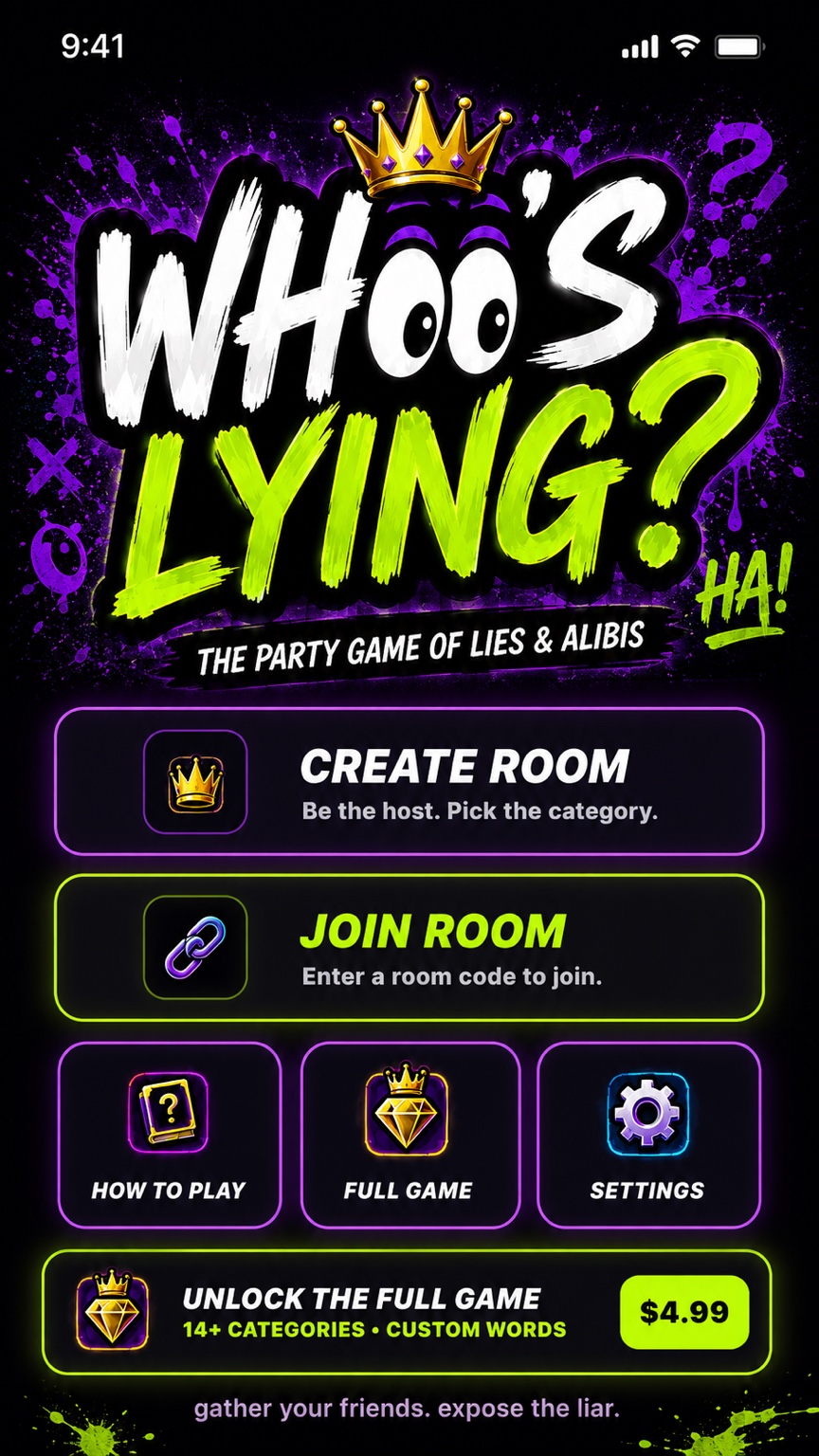 WHO'S LYING home screen