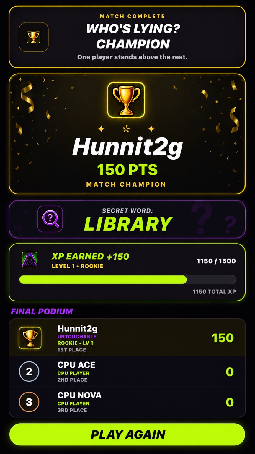 Match champion results screen